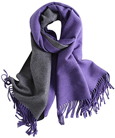 WLLDDDIU Schal Damen,Winterschals Doppelt Lila Grau Weicher Warmer Schal Dicke Decke Kontrastierende Quaste Kaschmir-Feeling-Schal Langer Großer Winterschal Trendige Stola-Schals Für Frauen Mädchen