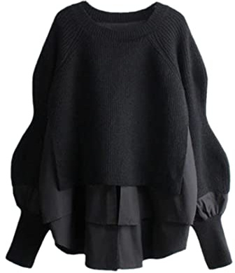 Women Pullover Sweater Shirt Patchwork Oversized Fake Two Piece Fashion Autumn Winter Sweaters Knitted Tops Black