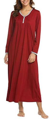 Ekouaer Camisa De Noche De Las Mujeres De Invierno De Manga Larga Camisa De Noche con Botones Cómoda Elegante,Rojo,XXL