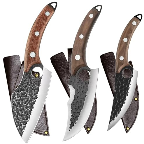 Handmade Forged Kitchen Knife 3 Pcs Professional Chef Knife Set, Hunting, BBQ Meat Knives for Cooking, Forged Kitchen Knife with High Carbon Stainless Steel Cutlery With Leather Sheaths