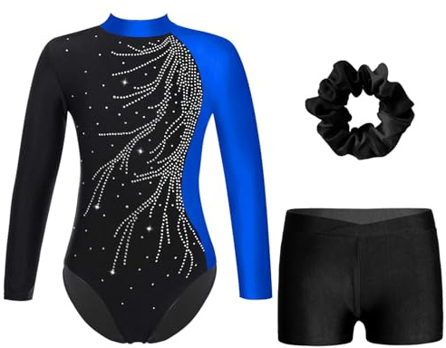 ranrann Enfant Fille Ensemble Tenue Gymnastique Justaucorps et Short Tenue Patinage Artistique Danse 3-16 Ans A Bleu&Noir 15-16 ans