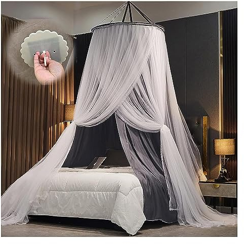 Himmelbett-Vorhänge, runde Kuppel, Himmelbett, Moskitonetz für Mädchen und Erwachsene, doppellagig, Prinzessin, runde Kuppel, Bettvorhänge (Farbe: Grau)