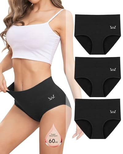 Rdiner Mutande Mestruali Donna, 60ML Grande Volume Mestruale Mutande Assorbenti, Cotone Vita Alta Slip Mestruali Donna (3 Pezzi) Nero L