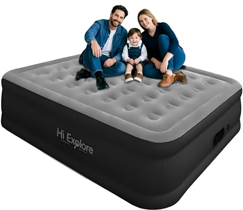 Hi Explore Air Mattress Queen with Built in Pump Raised, with Comfort Plush, Portable Air Bed for Home, Guests, Camping,(Grey, 22” Height)