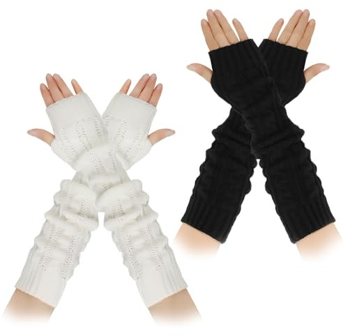 HTTDSLF 2 Paire Gants en Tricoté Arm Femme, Gants Longs Sans Doigts D'Hiver, Mitaines d'hiver Sans Doigts pour Femme, Longues Tricotées Pour Femmes, avec Trou de Pouce