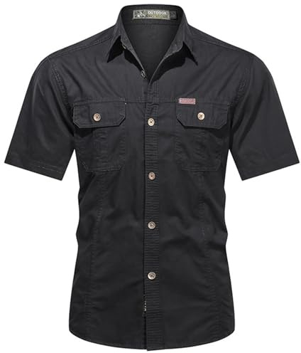 PADOLA Chemise Homme Manches Courtes Boutonnée Coton Chemisette Slim Fit Chemise Cowboy Cargo Chemises de Travail été Unie Chemisier de Plage Safari Militaire Tactique Shirt (1 Noir, S)