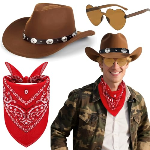 Kyndara 3Pcs Western Cowboy Hat Set, Unisex Cowboy Fancy Dress Kit with Wide Brim Hat Paisley Bandanna Heart Shape Sunglasses for Adult Masquerade Halloween Parties (Style-1)