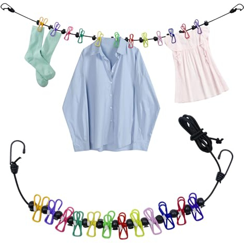 FORYNXHWIN Filo per bucato da campeggio, portatile, per esterni, allungabile con 12 mollette colorate per interni ed esterni, balcone, campeggio all'aperto