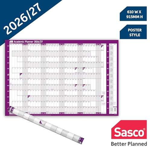 Sasco 2026/27 Academic Year Wall Planner, 91.5 x 61cm, Purple
