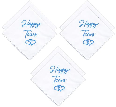 Falzqq 6 Pack Happy Tears Handkerchiefs Wedding Handkerchiefs 12 Inch Embroidered Handkerchief Cotton Hankies, Perfect Keepsake for Bride, Groom, and Guests