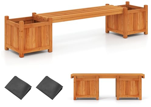 COSTWAY Fioriere da Esterno con Panchina, Letto Rialzato da Giardino in Legno Massello con e Base Aperta, Fioriere Elevate per Patio, Cortile e Veranda (Arancione, 169 x 35 x 35 cm)