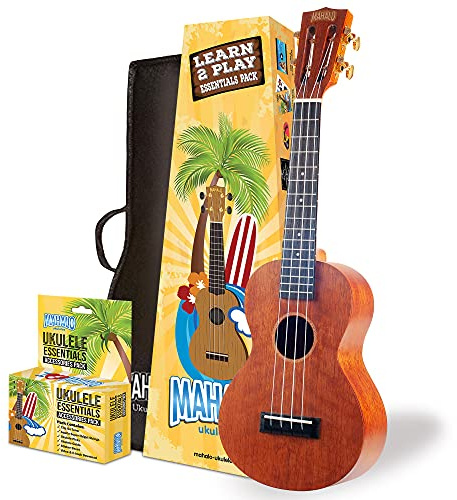 Mahalo Java Series Concert Ukulele Beginners Kit - Ukulele for Kids & Adults with Guide, Carry Case, Clip-on Tuner, Spare String Set & Picks, 'Learn 2 Play' Instruments Bundle, Brown