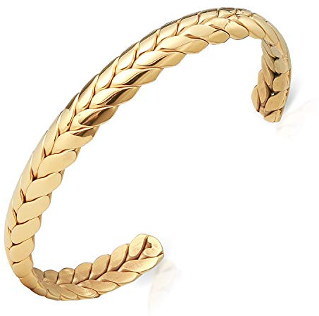 Lolalet Gewebt Form Muster Gold Armreif 18K vergoldet Edelstahl Armband Oval Verstellbar Offen Maschette Unisex, Liebesschmuck Freund Schmuck Bracelet für Herren Damen Mädchen –Gold Wheat Chain
