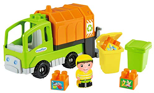 Ecoiffier – Abrick Müllauto – Müllwagen Spielzeug, mit Mülltonnen, stapelbare Bausteine, Müllabfuhr für Kinder und Kleinkinder ab 18 Monaten