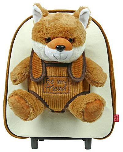 PERLETTI Plüschtier Kindergepäck Rucksack für Kinder - Kinderrucksack mit Abnehmbaren Rädern und Kuscheltier Spielzeug - Kindergarten Rollrucksack Kleinkinder 3 4 5 Jahren - 28x32x11 cm (Fuchs)