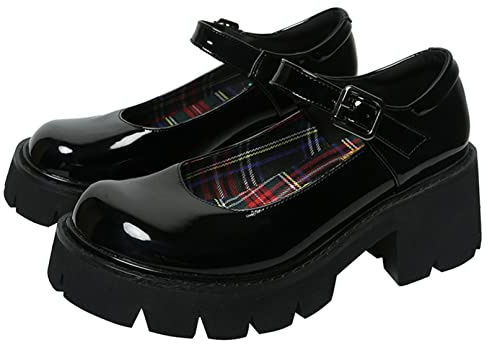 Women Chunky Platform Mary Jane Shoes Retro Buckle Strap Round Toe Flats Shallow Mouth Japanese Sweet Lolita Princess Shoes Black
