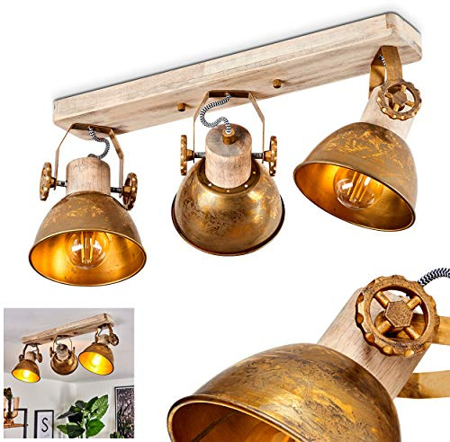 Ceiling lamp Orny, 3-Flame Ceiling Spotlight Made of Wood and Metal in Bronze Colour, Industrial/Vintage Look Room lamp, 3 x E27, the lamp Heads are Adjustable,Without Bulbs
