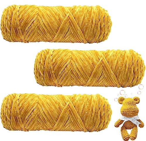Maxee 300g(3×100g) Samtig Babywolle Farbverlauf, Samt Chenille Segmentgefärbtes Garn, Kuschelweich Chenillegarn, Flauschige Weich Plüschwolle, Häkelgarn Wolle Zum Stricken & Häkeln (Blau Grau)-Kurkuma