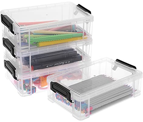 BTSKY 4 stycken stapelbara transparent pennlåda kontorsmaterial förvaringslåda, multifunktionella förvaringslådor, 19,5 x 12 x 6 cm mellanstorlek (svart spänne)