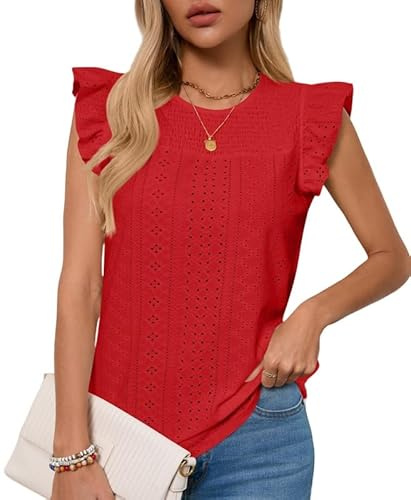 Haibang Camiseta sin Mangas Mujer Verano Camisetas Tirantes de Ruffle Manga Suelto Blusas Top con Cuello Redondo y Ojales Elegantes Tank Tops Transpirable Túnicas Casual T-Shirts Chic Moda Camisa