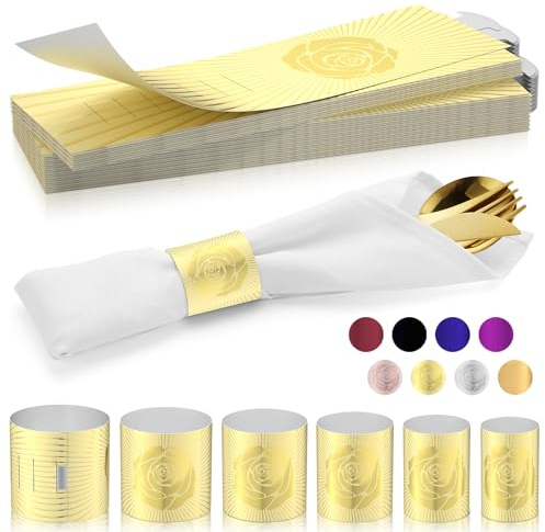 ChilStikUni Polymer Material Reusable Napkin Band, Glue-Free Tear-Proof Water Resistant Oil-Proof Napkin Bands Set of 50(Front Gold Color and Back Silver), 6 Adjustable Sizes Napkin Rings