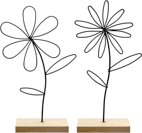 VOSSOT Set di 2 espositori floreali in metallo su base in legno, decorazione floreale, decorazione ad anello in metallo, fiori decorativi in metallo da appoggiare e regalare