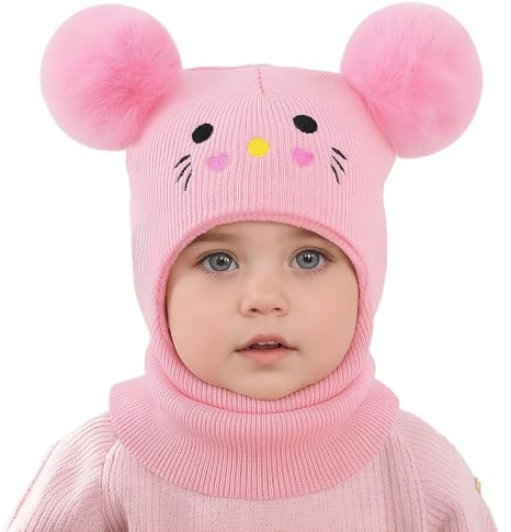 MASOCIO Schlupfmütze Kinder Mädchen Schalmütze Winter Warme Wintermütze Baby Kleinkind Strickmütze Schal 12-18 Monate 2 3 4 5 6 7 Balaclava mit Bommel Beanie Mütze Hat 1-8 Jahre Rosa