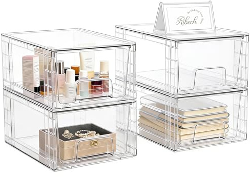 Set 4 Cassetti Organizzatori Impilabili con Divisorio – in Acrilico Trasparente per Scrivania, Trucco, Cucina, Bagno & Soggiorno