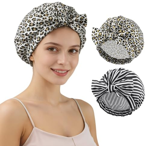 HAGOT 2 PCS Bonnet de Douche pour Femme, Bonnet de Douche Imperméable Réutilisable Femme, Elastique Double Couche, pour cheveux Longs Courts Bouclés
