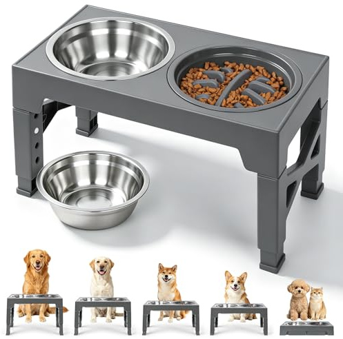 Newthinking Comedero Perro Elevado, Ajustable, 3 Cuencos, Gris