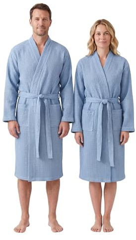 BOSKIMO Unisex våffelmorgonrock - Sommar morgonrock för män och kvinnor, andningsbart våffeltyg, bälte och 2 fickor - perfekt hem, pool, spa, hotell - storlekar S till XL, Blå, L
