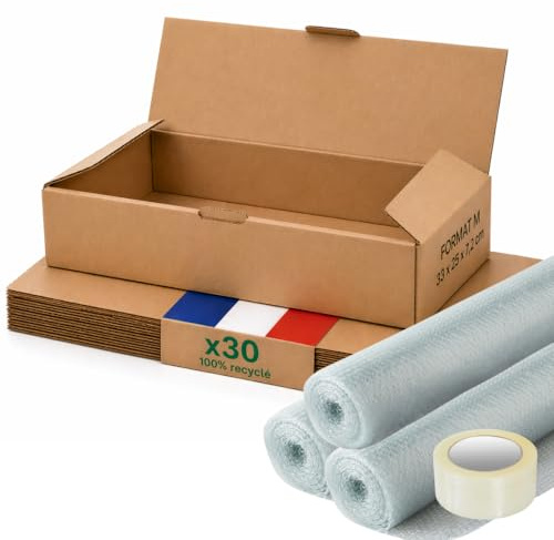 Boite carton emballage colis M - Lot de 30 + film à bulles + adhésif - 33 x 25 x 7 cm - Renforcé - vêtements, accessoires, documents A4 - Life Pack
