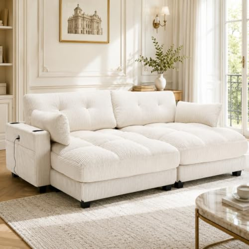 KOMHTOM Canapé 3 Places en Velours Côtelé, Canapé Modulable (Beige, AA) | Divisible en 2 Fauteuils Individuels avec 2 Coussins，4 Porte-Boissons, 4 Poches Latérales et Prises USB