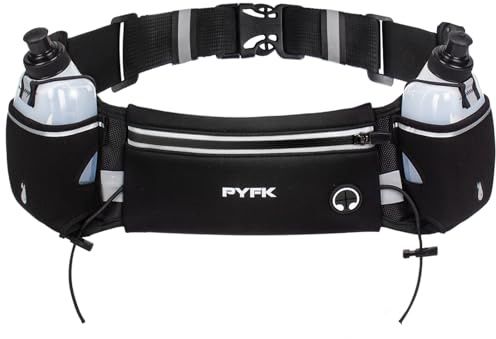 PYFK Running Belt with Water Bottles, Hydration Belt for Men and Women, Water Bottle Holder Running Pouch Water Belt, Fanny Pack Fits 7 inches Phones, Waist pack for Runner Jogging (Black Reflective)