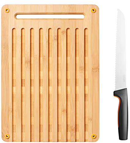 Fiskars Tabla de cortar y cuchillo para pan de bambú, Functional Form, Bambú/acero inoxidable japonés/plástico, 1057551