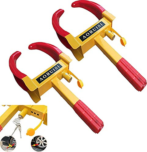 Walgreen Luebel 2 Pcs Heavy Duty Wheel Clamp Lock - Adjustable Anti-Theft Safety Security Tire Claw Parking for Boats Trailers, Motorcycle, Truck, and 3 Keys, Red & Yellow