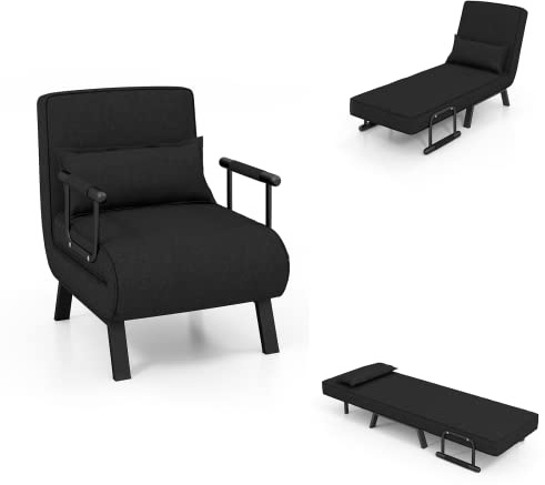 LIFEZEAL Poltrona Letto, Divano Letto, Divanetto Singolo, Schienale Regolabile, Imbottito in Spugna, Telaio in Acciaio, con Materasso, Cuscino, Braccioli, Relax, Soggiorno, Ufficio, Max150 kg, Nero
