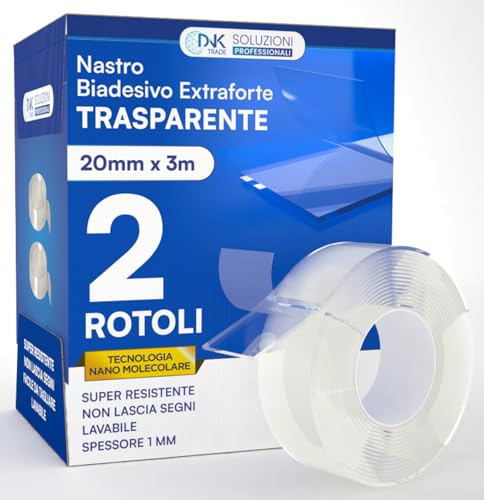 Nastro Biadesivo 3m Extra Forte, NastroTrasparente & Lavabile, Confezione da 2 Pezzi di Nastro Bioadesivo con Tecnologia Nano Micro Molecolare da 6M Totali