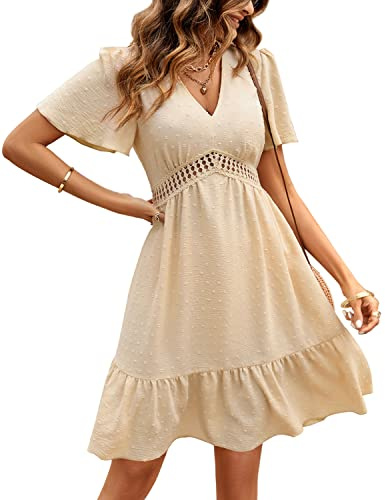 JENJON Mujer Vestidos de Verano Cuelle en V Elegante Manga Corta Cintura Alta Puntos Volantes Mini Vestido A-Marfil L