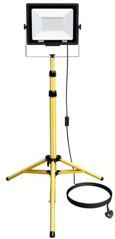 PICAA 100W Foco LED con Trípode Telescópico, 6000K Luz de Trabajo Portátil con Enchufe, Interior y Exterior Proyector Led para Taller, Obra de Construcción, Garaje, Jardín
