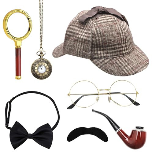 HENGBIRD 7 Pcs Detektiv Kostüm Zubehör Set, Sherlock Holmes Kostüm Accessoires mit Detektiv Hut Brille Falscher Schnurrbart Lupe Fliege, Detektiv Cosplay Requisiten für Fasching Karneval Cosplay Party