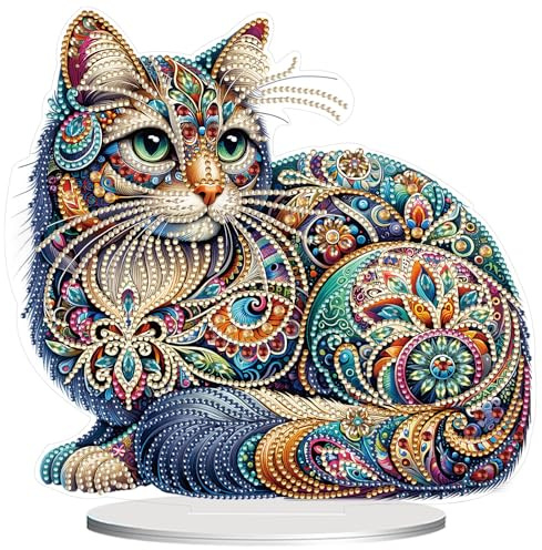 CAYUDEN Diamond Art Table Cat Ornaments, DIY Diamond Art Kits Adults 5D Gem Painting Stand Ornaments, Gem Art Kits Kids Tabletop Decor for Woman Girls Birthday Gift