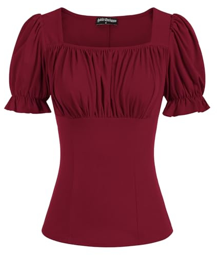 Women Square Neck Shirt Lantern Short Sleeves Renaissance Peasant Blouse Red S