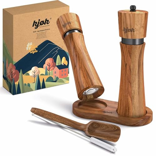 kjøk Premium Salt and Pepper Mill Solid Acacia Wood with Saucer, Cleaning Brush and Filling Spoon - Wooden Mill Set with Ceramic Grinder - Salt and Pepper Mill Father's Day Gift