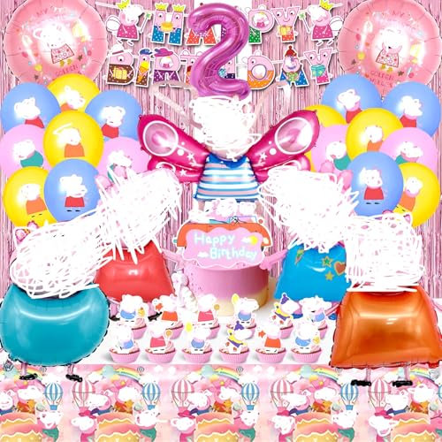 54PCS Geburtstagsdeko 2 Jahre, Party Deko, Kuchen Deko, Party Set, Geburtstag, Geburtstag Ballon Regenvorhang Tischdecke