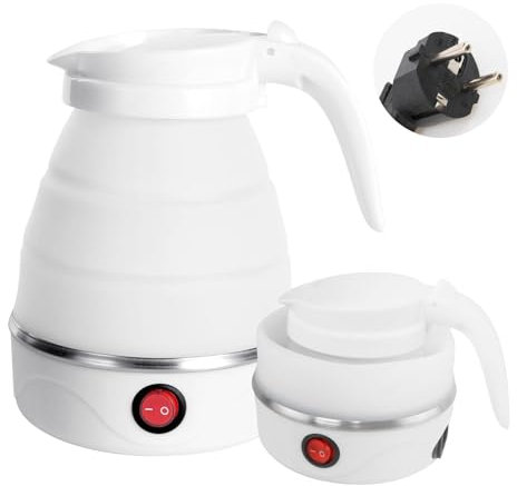Faltbarer wasserkocher, 0.6L Faltbarer wasserkessel Camping, Edelstahlboden Tragbar Silikon Mini Wasserkocher, Wasserkocher Faltbarer Elektrisch, Outdoor Reise Wasserkocher Klein
