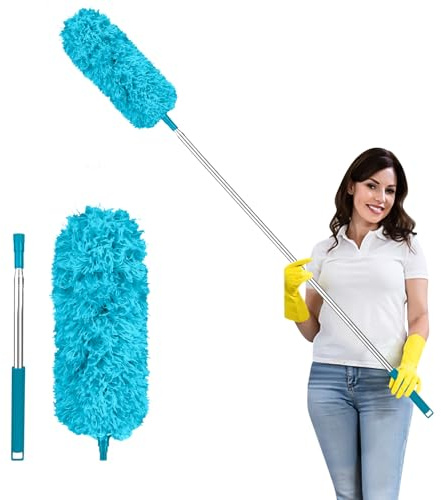 Fogray Staubwedel Teleskop Waschbar Duster Lang Ausziehbar mit Weichem Silikon Cap, Spinnenwebenentferner Staubwischer mit Teleskopstange, Staubfänger für hohe Decken Deckenventilator(Himmelblau)