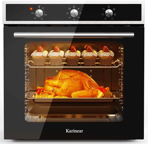 Karinear Forno Elettrico da Incasso 60L, Forni a Conventional + Convezione Ventilato a 6 Funzioni, 2200 W, 50-250°C, Inox Antimpronte, Spina, con Piastra, Griglia, Nero