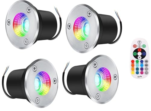 QICBYING 4 Piezas Focos LED para Exterior - Foco De Suelo De 3W, Lámpara De Pie Empotrable Impermeable IP65, Focos LED RGB, Foco LED Empotrable En El Suelo, con Focos De Control Remot(3W(24V))