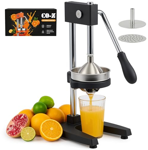 CO-Z Manuell citruspress med spak, robust manuell fruktpress, professionell citronpress med koniska och plana pressplattor för apelsin-, citron- och limejuice, diskmaskinssäker, svart